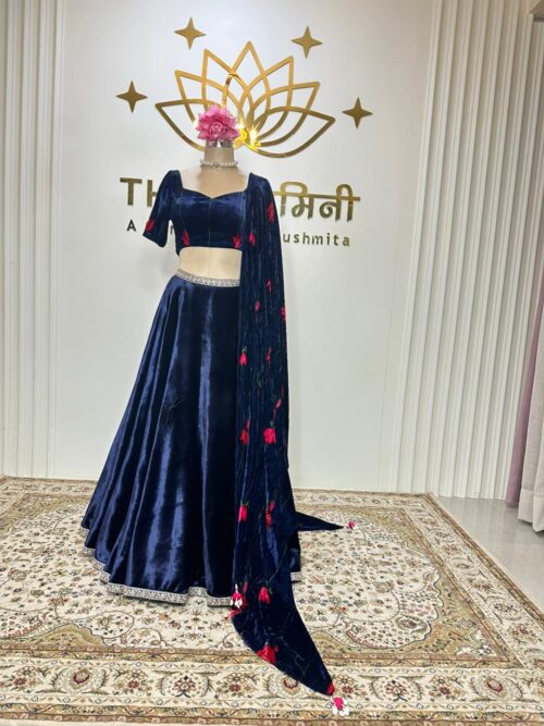 TheSwamini's Blue velvet lehenga & blouse with Red lotus print dupatta