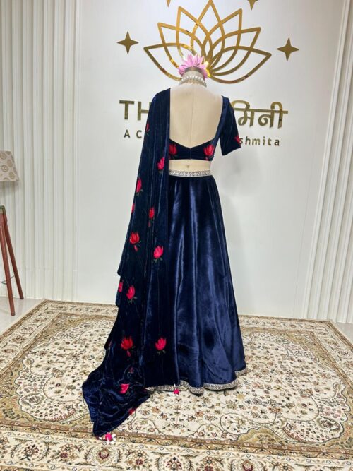 TheSwamini's Blue velvet lehenga & blouse with Red lotus print dupatta - Image 4