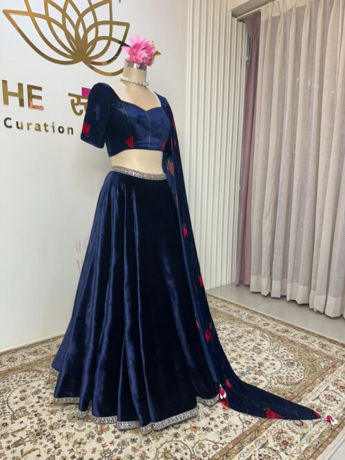 TheSwamini's Blue velvet lehenga & blouse with Red lotus print dupatta - Image 3
