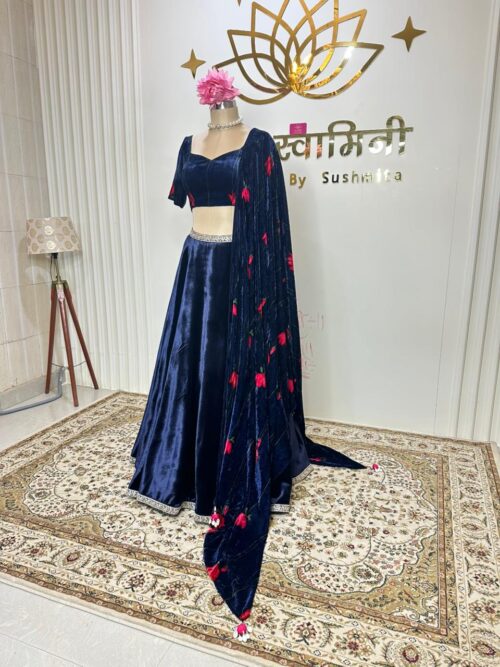 TheSwamini's Blue velvet lehenga & blouse with Red lotus print dupatta - Image 2