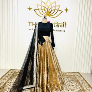 Golden Skirt with Black Top & Net Lace Dupatta Set