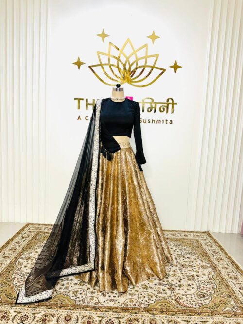 Golden Skirt & Black Top With Net Lace Dupatta Set - Image 2