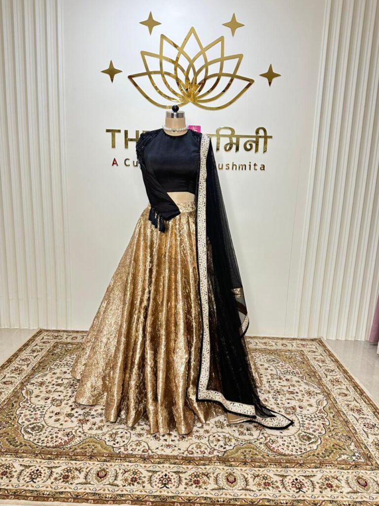 Golden Skirt & Black Top With Net Lace Dupatta Set - Image 3