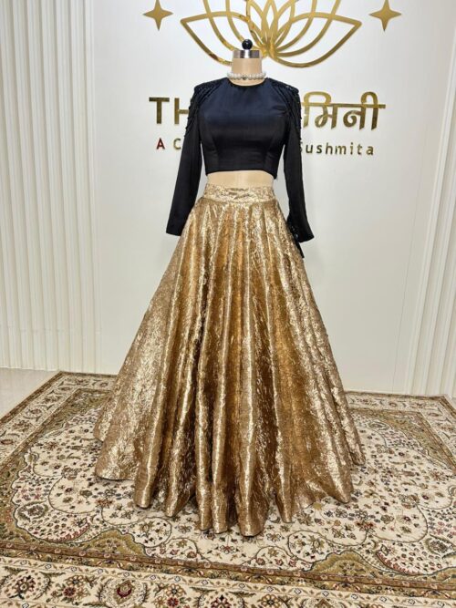 Golden Skirt & Black Top With Net Lace Dupatta Set - Image 4