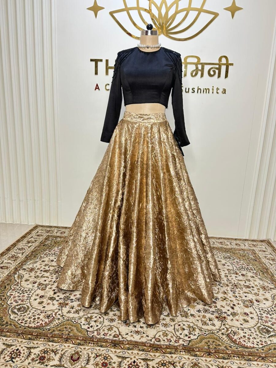 Golden Skirt & Black Top With Net Lace Dupatta Set - Image 5