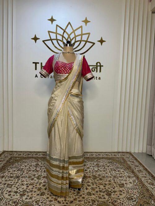Off-White Draped Saree with Pink Gota Work Blouse - Image 5