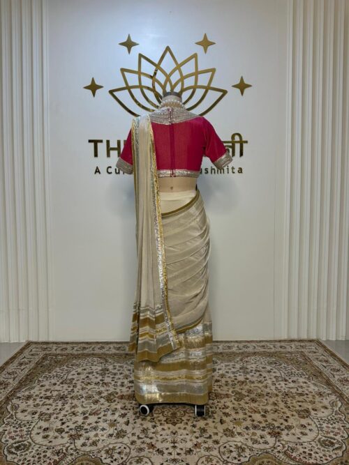 Off-White Draped Saree with Pink Gota Work Blouse - Image 4