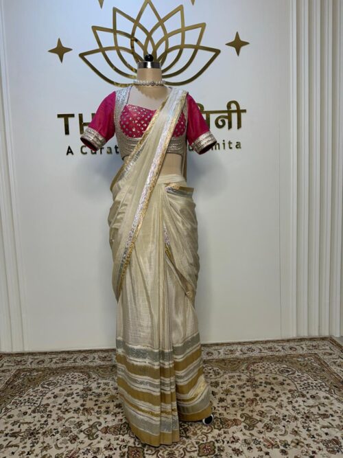 Off-White Draped Saree with Pink Gota Work Blouse - Image 3