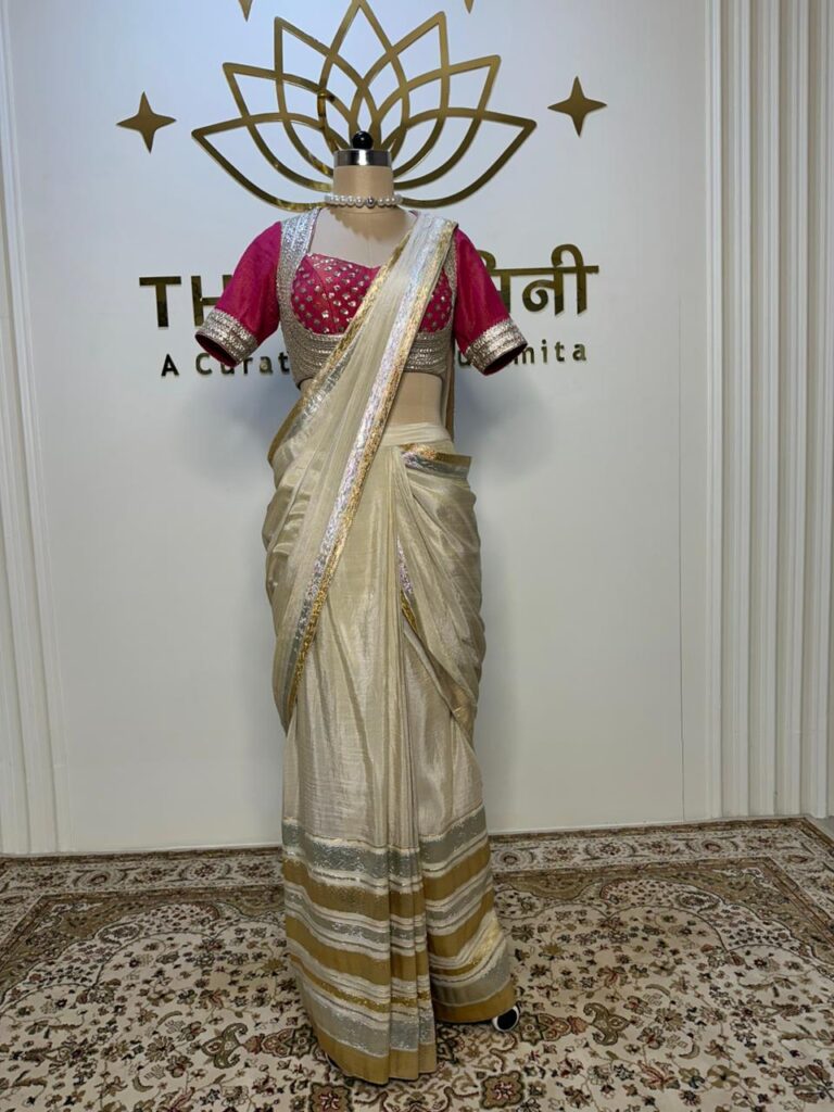 Off-White Draped Saree with Pink Gota Work Blouse - Image 3