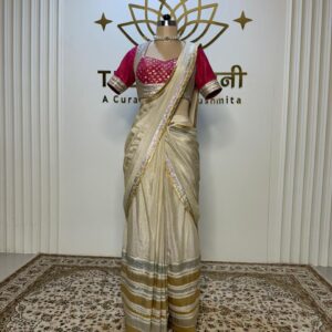 Off-White Draped Saree with Pink Gota Work Blouse
