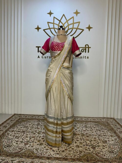 Off-White Draped Saree with Pink Gota Work Blouse - Image 2