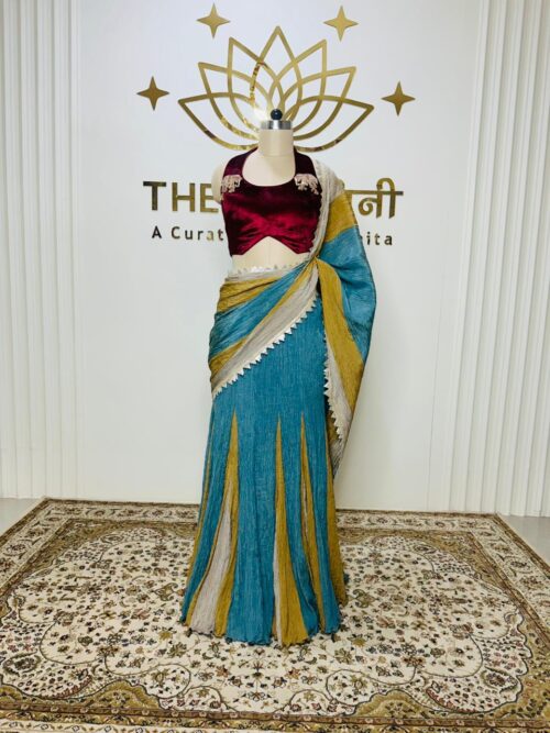 3 Shades of Metallic Blue, Yellow, Beige Skirt Flared With Fish Cut Velvet Maroon Blouse