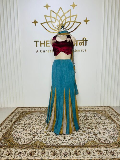 3 Shades of Metallic Blue, Yellow, Beige Skirt Flared With Fish Cut Velvet Maroon Blouse - Image 3