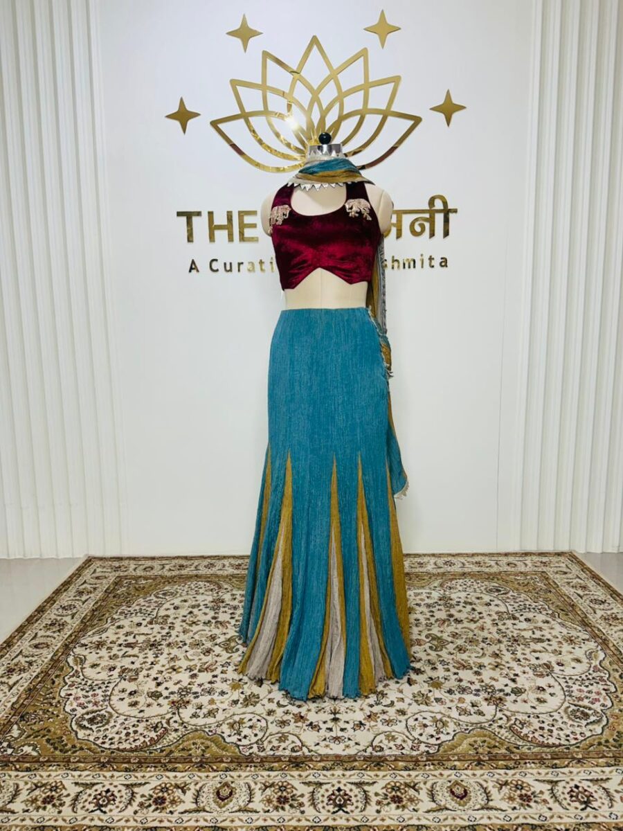 3 Shades of Metallic Blue, Yellow, Beige Skirt Flared With Fish Cut Velvet Maroon Blouse - Image 4