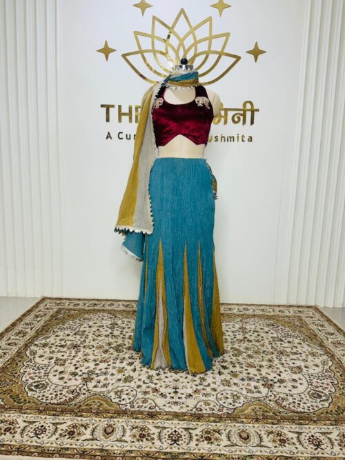 3 Shades of Metallic Blue, Yellow, Beige Skirt Flared With Fish Cut Velvet Maroon Blouse - Image 5