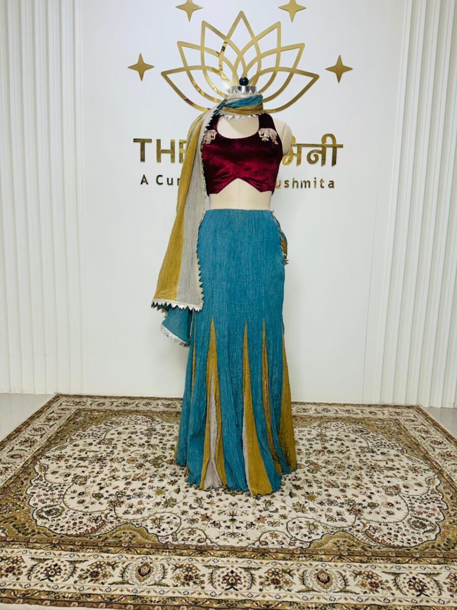 3 Shades of Metallic Blue, Yellow, Beige Skirt Flared With Fish Cut Velvet Maroon Blouse - Image 5