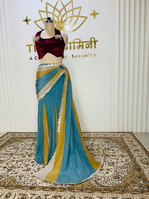 3 Shades of Metallic Blue, Yellow, Beige Skirt Flared With Fish Cut Velvet Maroon Blouse - Image 6