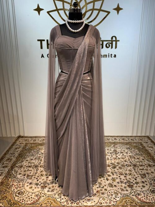 Metallic Shimmer Grey Cape Sleeve Co-ord Set with Corset Top - Image 5