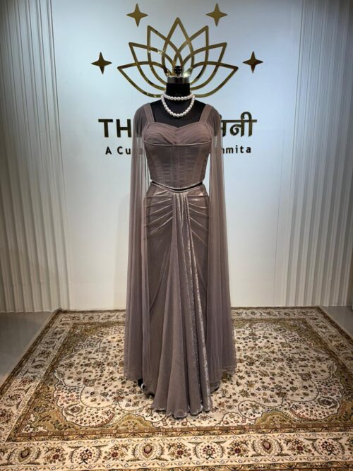 Metallic Shimmer Grey Cape Sleeve Co-ord Set with Corset Top - Image 2