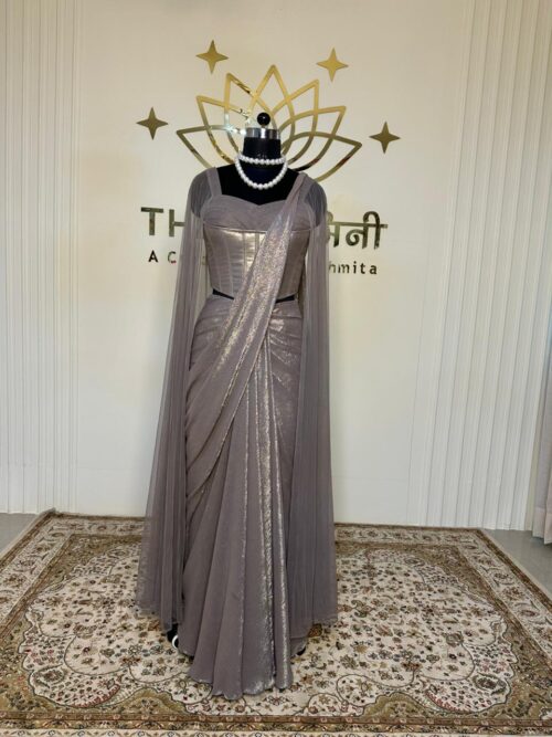 Metallic Shimmer Grey Cape Sleeve Co-ord Set with Corset Top - Image 3