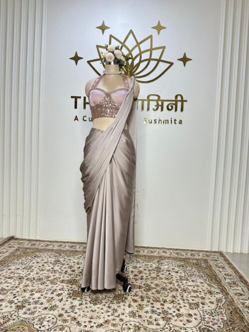Satin Draping Golden Saree with Court- Set Blouse