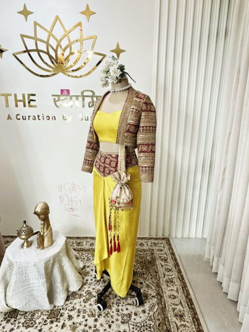 Yellow Dhoti & Blouse with Jacket – 3 Piece Set - Image 3