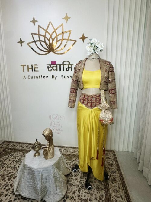 Yellow Dhoti & Blouse with Jacket – 3 Piece Set
