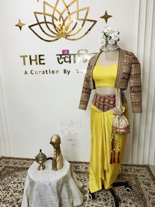 Yellow Dhoti & Blouse with Jacket – 3 Piece Set - Image 2