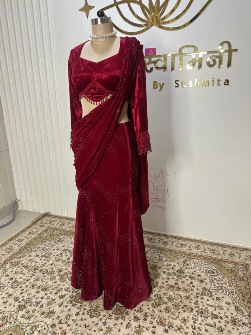 Red Velvet Skirt Saree Set - Image 5