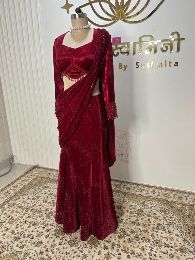 Red Velvet Skirt Saree Set - Image 5