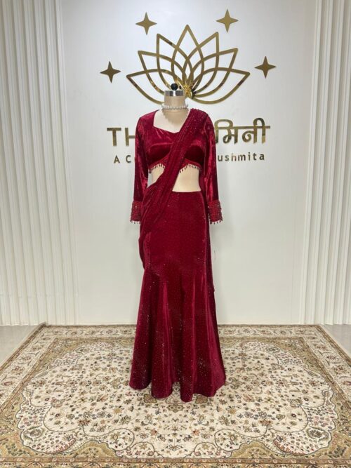 Red Velvet Skirt Saree Set