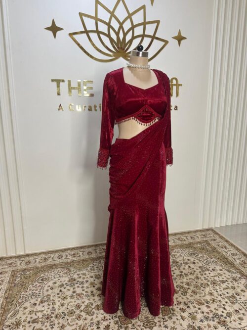Red Velvet Skirt Saree Set - Image 3