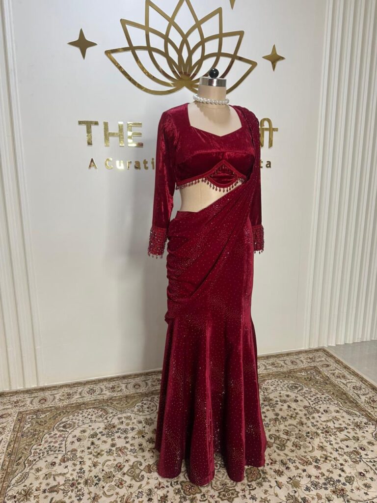Red Velvet Skirt Saree Set - Image 3