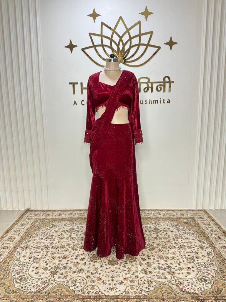 Red Velvet Skirt Saree Set - Image 4