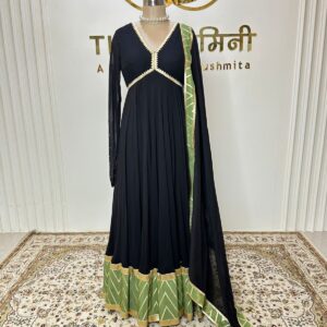 Black Georgette Suit Set with Green Brocade Border & Chinon Chiffon Dupatta