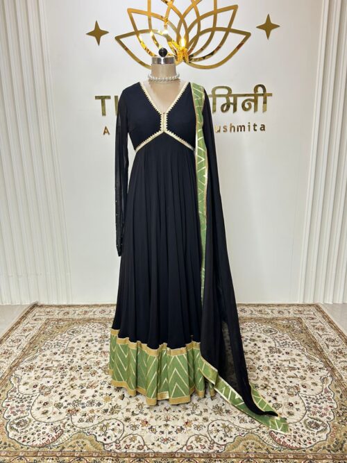 Black Georgette Suit Set with Green Brocade Border & Chinon Chiffon Dupatta