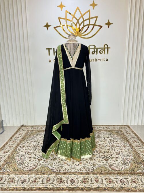 Black Georgette Suit Set with Green Brocade Border & Chinon Chiffon Dupatta - Image 5