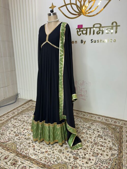 Black Georgette Suit Set with Green Brocade Border & Chinon Chiffon Dupatta - Image 3