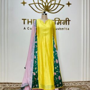 Fabric mal, Chandari Yellow suit and baby pink flair Plazo with baby Dupatta