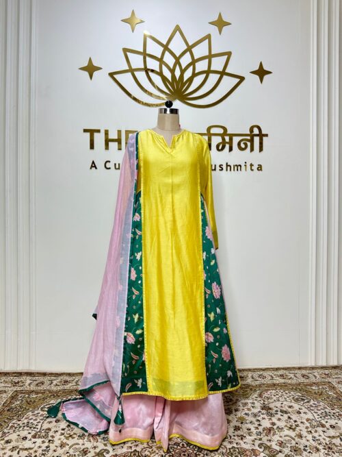 Chandari Yellow suit and baby pink flair Plazo with Dupatta
