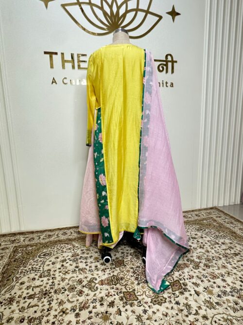 Chandari Yellow suit and baby pink flair Plazo with Dupatta - Image 5