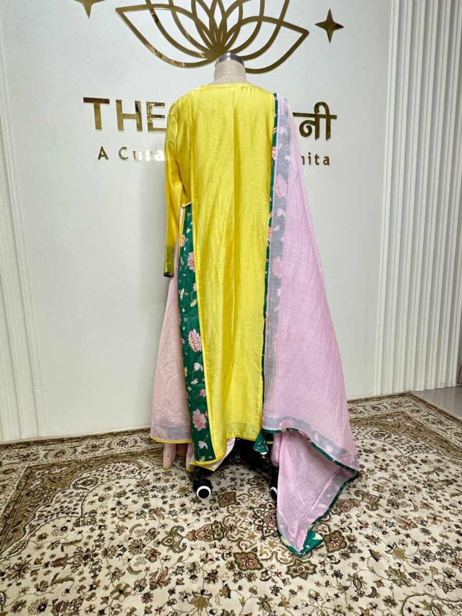 Chandari Yellow suit and baby pink flair Plazo with Dupatta - Image 5