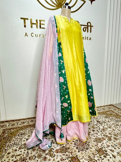 Chandari Yellow suit and baby pink flair Plazo with Dupatta - Image 3