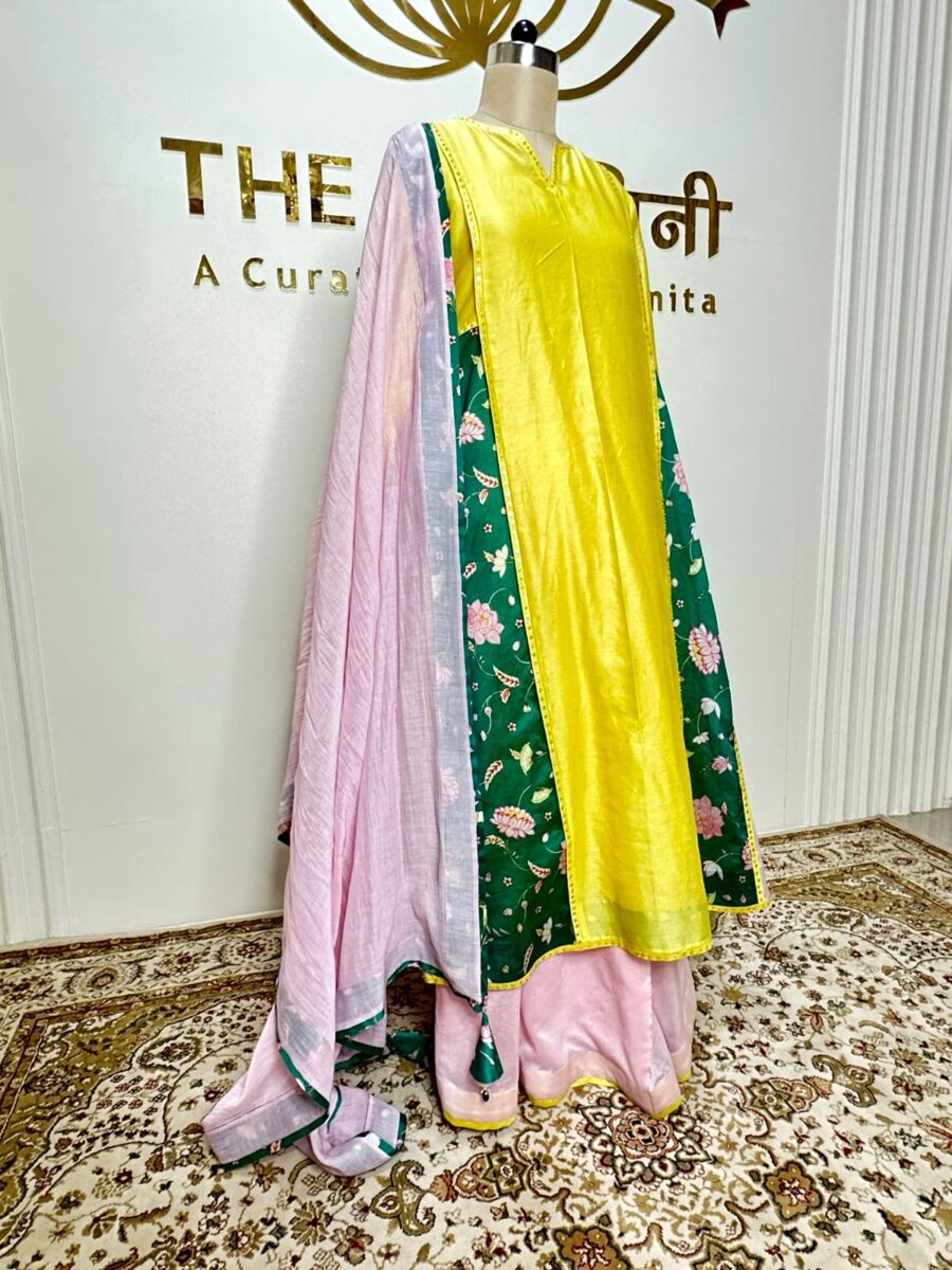 Chandari Yellow suit and baby pink flair Plazo with Dupatta - Image 3