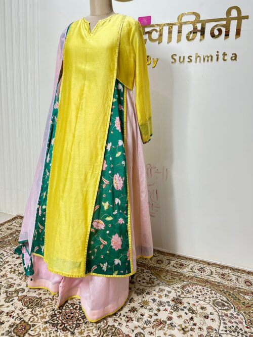 Chandari Yellow suit and baby pink flair Plazo with Dupatta - Image 2