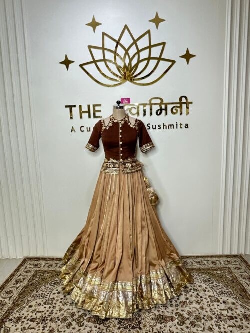 Light brown Lehenga fabric, Chandari Dark brown top fabric, Chandari Light brown Duppata fabric,chinon chiffon - Image 3