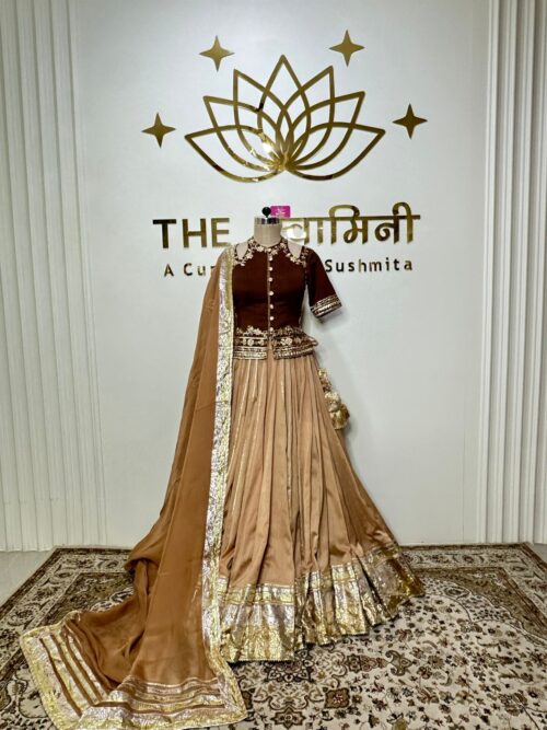 Light brown Lehenga fabric, Chandari Dark brown top fabric, Chandari Light brown Duppata fabric,chinon chiffon