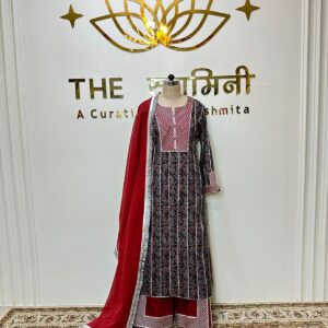Ajrakh Gota Patti Straight Suit Set with Pant & Red Dupatta