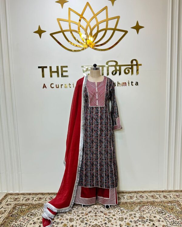 Ajrakh Gota Patti Straight Suit Set with Pant & Red Dupatta