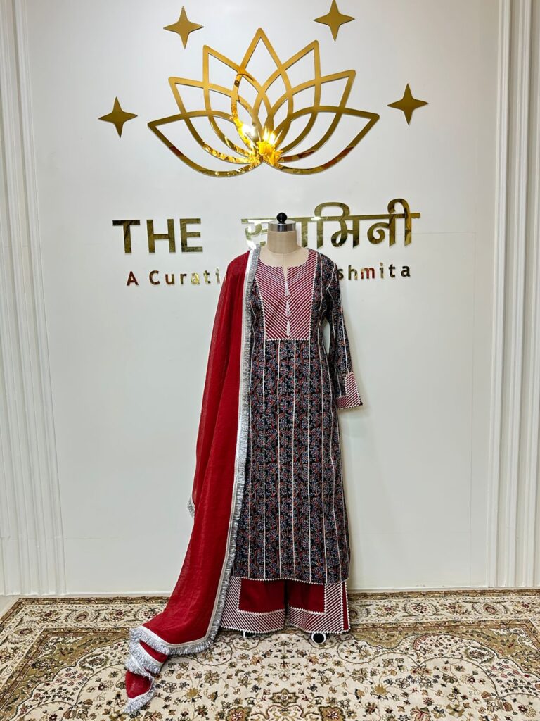 Ajrakh Gota Patti Straight Suit Set with Pant & Red Dupatta